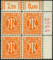 AMERIK. U. BRITISCHE ZONE 21Dr4 VB , 1945, 8 Pf. Rötlichorange Im Eckrandviererblock, Mit Roter Nummer, 4 Ziffern, Prach - Altri & Non Classificati