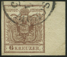 ÖSTERREICH 4Y O, 1854, 6 Kr. Braun, Maschinenpapier, Type III, Randstück Rechts 9 Mm, K1, Pracht - Andere & Zonder Classificatie