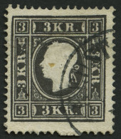 ÖSTERREICH 11II O, 1859, 3 Kr. Schwarz, Type II, Unten Drei Ausgelassene Zähnungslöcher, Pracht - Andere & Zonder Classificatie