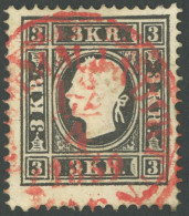 ÖSTERREICH BIS 1867 11II O, 1858, 3 Kr. Schwarz, Type II, Roter Stempel, Pracht, Mi. 250.- - Andere & Zonder Classificatie