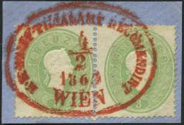 ÖSTERREICH 19 Paar BrfStk, 1863, 3 Kr. Grün Im Waagerechten Paar Auf Briefstück Mit Rotem Oval-K1 K.K. BRIEF-FILIALAMT-R - Gebruikt