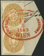 ÖSTERREICH 28 Paar BrfStk, 1863, 15 Kr. Braun Im Senkrechten Paar Auf Briefstück, Roter Ovalstempel K.K. BRIEF-FILIALAMT - Gebruikt