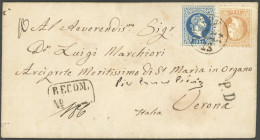 ÖSTERREICH 38/9I BRIEF, 1867, 10 Kr. Blau Und 15 Kr. Braun, Grober Druck, Auf Brief Mit K1 ST. PÖLTEN Nach Verona/Italie - Used Stamps