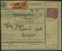 ÖSTERREICH 198 BRIEF, 1918, 90 H. Schwärzlichrotkarmin Auf Paketkarte Von Wien Nach Sarajewo, Feinst - Gebraucht