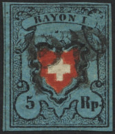 SCHWEIZ BUNDESPOST 7IIDDII O, 1850, 5 Rp. Schwarz/zinnoberrot Auf Blau, Ohne Kreuzeinfassung, Doppelter Rotdruck Des Wap - 1843-1852 Federal & Cantonal Stamps