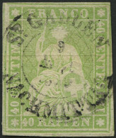 SCHWEIZ BUNDESPOST 17IIAyr O, 1855, 40 Rp. Gelblichgrün, Braunroter Seidenfaden, Berner Druck II, (Zst. 26Cb), K2 ST. GA - Used Stamps