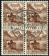 SCHWEIZ BUNDESPOST 363z VB O, 1940, 10 C. Dunkelrötlichbraun, Geriffelter Gummi, Im Zentrisch Gestempelten Viererblock,  - Used Stamps