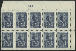 SOWJETUNION 1333I , 1949, 25 K. Blau, Offsetdruck, Im Zehnerblock Aus Der Rechten Oberen Bogenecke Mit Bogenzähl-Nr. 7,8 - Usati