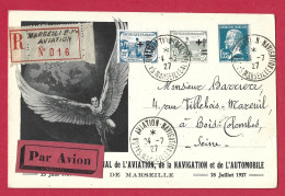 !!! CARTE POSTALE RECOMMANDÉE PAR AVION DU SALON DE L'AVIATION, DE LA NAVIGATION ET DE L'AUTOMOBILE DE MARSEILLE DE 1927 - 1927-1959 Covers & Documents