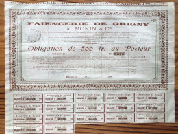 FAIENCERIE De GRIGNY  (Rhône) - A.MONIN & Cie-  Lyon 1899 - OBLIGATION 500f Avec Ses Coupons - Industry