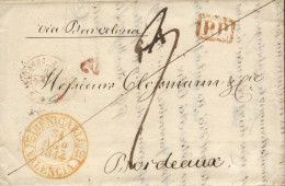 D.P. 19. 1844. Carta De Benicarló A Burdeos (Francia), Vía Barcelona. Nítido Fechador Amarillo "BENICARLÓ /VALENCIA /31/ - ...-1850 Prefilatelia