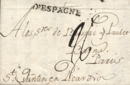 D.P. 19. 1790. Carta De Valencia A Francia. Marca "D'ESPAGNE" Lineal En Negro. Muy Rara Con Origen Valencia. - ...-1850 Prefilatelia