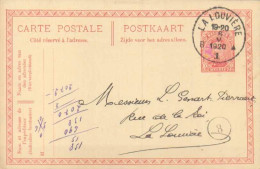 BELGIQUE - ENTIER POSTAL - 1920 - CHARBONNAGES DE LA LOUVIERE & SARS LONGCHAMPS A SAINT VAAST + CACHET ROND N°8 - Tarjetas 1909-1934