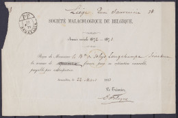 Reçu "Société Malacologique De Belgique" Càd Imprimés "PP /24 MARS 1873/ BRUXELLES" (rare Sur Reçu !) Pour Baron De Sely - 1869-1883 Leopold II.