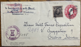 USA - 1909 Postal Envelope Sc.U411 Uprated With Sc.308 REGISTRED From CARLSTAD BRANCH, RUTHERFORD NJ To ÖREBRO, Sweden - Lettres & Documents