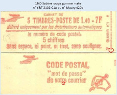 FRANCE - Carnet 1f40 Sabine Rouge - YT 2102 C1a / Maury 420b - Modern : 1959-…