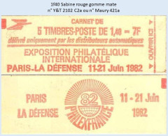 FRANCE - Carnet 1f40 Sabine Rouge - YT 2102 C2a / Maury 421a - Modern : 1959-…