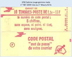 FRANCE - Carnet Conf. 7, Infime Point Adhérence Sur 2 TP - 1f30 Sabine Rouge - YT 2059 C2a / Maury 417a - Modernos : 1959-…