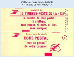 FRANCE - Carnet Conf. 9, Ouvert à Gauche - 1f30 Sabine Rouge - YT 2059 C3 / Maury 418 - Modernos : 1959-…
