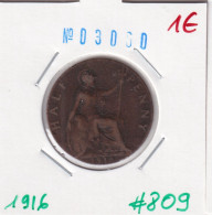 Great Britain 1/2 Penny 1916  Km#809 - C. 1/2 Penny