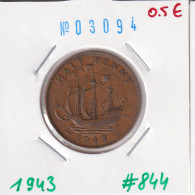 Great Britain 1/2 Penny 1943  Km#844 - C. 1/2 Penny