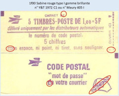 FRANCE - Carnet 1f00 Sabine Rouge Type I - YT 1972 C1 / Maury 405 I - Modern : 1959-…