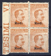 1912-Rodi (MNH=**) Quartina Del 20c. Arancio Michetti Filigrana Corona E Bordo D - Aegean (Rodi)