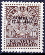 1939 (MNH=**) SOMALIA Recapito Autorizzato C.10 Nuovo Gomma Originale Ed Integra - Somalia