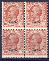 1912-Caso (MNH=**) Quartina Del 10c. Rosso Leoni Cat.Sassone Euro 20 - Egeo (Caso)