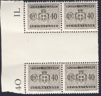 1945-Italia (MNH=**) Quartina Segnatasse 40c.grigio Bruno Senza Filigrana Con In - Neufs