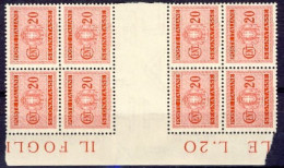 1934-Italia (MNH=**) Due Quartine Del Segnatasse 20c. Carminio Bordo Di Foglio E - Mint/hinged