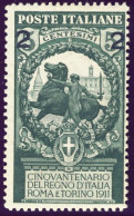 1913-Italia (MLH=*)Cinquantenario Unità D'Italia Soprastampato 2 Su 5c.verde Cif - Mint/hinged