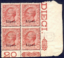 1912-Lipso (MNH=**) Quartina 10c. Leoni Angolo Di Foglio Con Numero Di Tavola Ca - Aegean (Lipso)