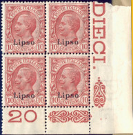 1912-Lipso (MNH=**) Quartina 10c. Leoni Angolo Di Foglio Con Numero Di Tavola Ca - Aegean (Lipso)