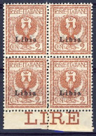 1912-Libia (MNH=**) Quartina Ottimamente Centrata Del 2c. Floreale Soprastampato - Libya