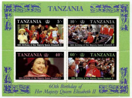 1987-Tanzania (MNH=**) Foglietto S.4v."60 Anniversario Di Sua Maestà La Regina E - Tanzania