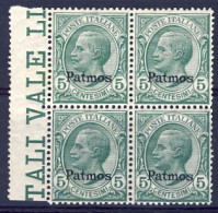 1912-Patmo (MNH=**) Quartina Del 5c. Leoni Cat.Sassone Euro 50 - Aegean (Patmo)