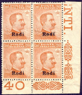 1918-Rodi (MNH=**) Quartina 20c. Michetti Con Angolo Di Foglio Cat.Sassone Euro  - Aegean (Rodi)