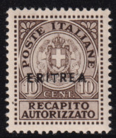 1939-Eritrea (MNH=**) Recapito Autorizzato 10c. Bruno (R.A.1) - Eritrea