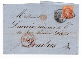 Lettre Lyon 1869 Lacroix Cousins & Cie Londres London Napoléon III Lauré 40 Centimes - 1863-1870 Napoléon III Con Laureles