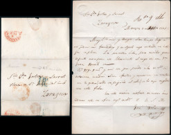 Huesca - Prefilatelia - Monzón PE 3 (similar) - 1849 - Carta A Zaragoza + Marca Barbastro (PE 6) + Porteo "1R" - ...-1850 Prefilatelia