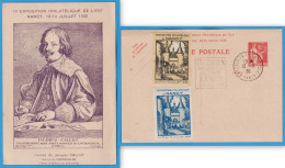 ENTIER POSTAL 90 C. PAIX - EXPOSITION PHILATELIQUE NANCY 1936 - 2 VIGNETTES ET DAGUIN - PORTRAIT JACQUES CALLOT - Bijgewerkte Postkaarten  (voor 1995)