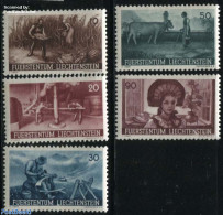 Liechtenstein 1941 Agriculture 5v, Unused (hinged), Nature - Various - Cattle - Wine & Winery - Agriculture - Costumes - Unused Stamps