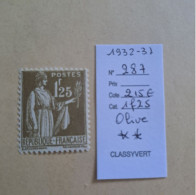 N°287 1F25 Olive  ** Neuf Gomme D'époque Cote 2024 215€ Envoi En Lettre Recommandée - 1932-39 Peace