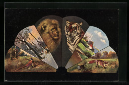 Passepartout-AK Fächer Mit Löwe, Tiger, Fuchs Und Fasanen  - Tigers