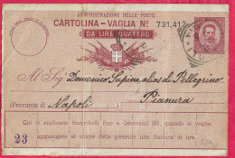 INTERO CARTOLINA-VAGLIA UMBERTO C.10 DA LIRE 4 (CAT. INT.5Ba) DA NAPOLI*2.12.93* PER PIANURA - Postwaardestukken