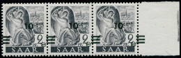 SARRE Poste ** - 216, Bande De 3, Surcharge à Cheval, Barres à Gauche, Signé (Maury 217IIR) - Cote: 120 - Unused Stamps