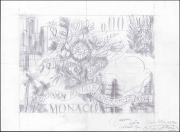 MONACO Poste MAQ - 953 Maquette Au Crayon (155x215) Type Non émis (Centenaire An UPU, Fleurs & Palmier), Signée Et Annot - Altri & Non Classificati