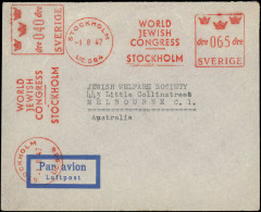 Judaica Poste EMA - Suède, Enveloppe, EMA 1/8/47 Stockholm: World Jewish Congres - Judaisme
