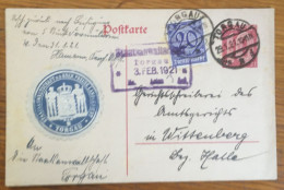 Dienstpostkarte Für  Preußen DP 4, Zusatzfrankatur, Verschlussmarke " STAATSANWALTSCHAFT TORGAU " 1921 Nach Wittenberg - Postcards